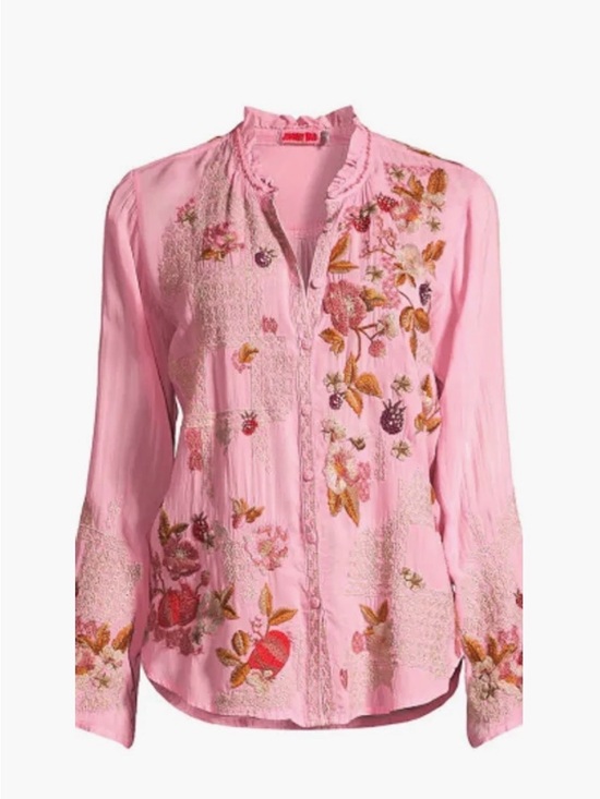 Johnny Was Tops - Johnny Was Embroidered Pink Floral Button-Up Blouse